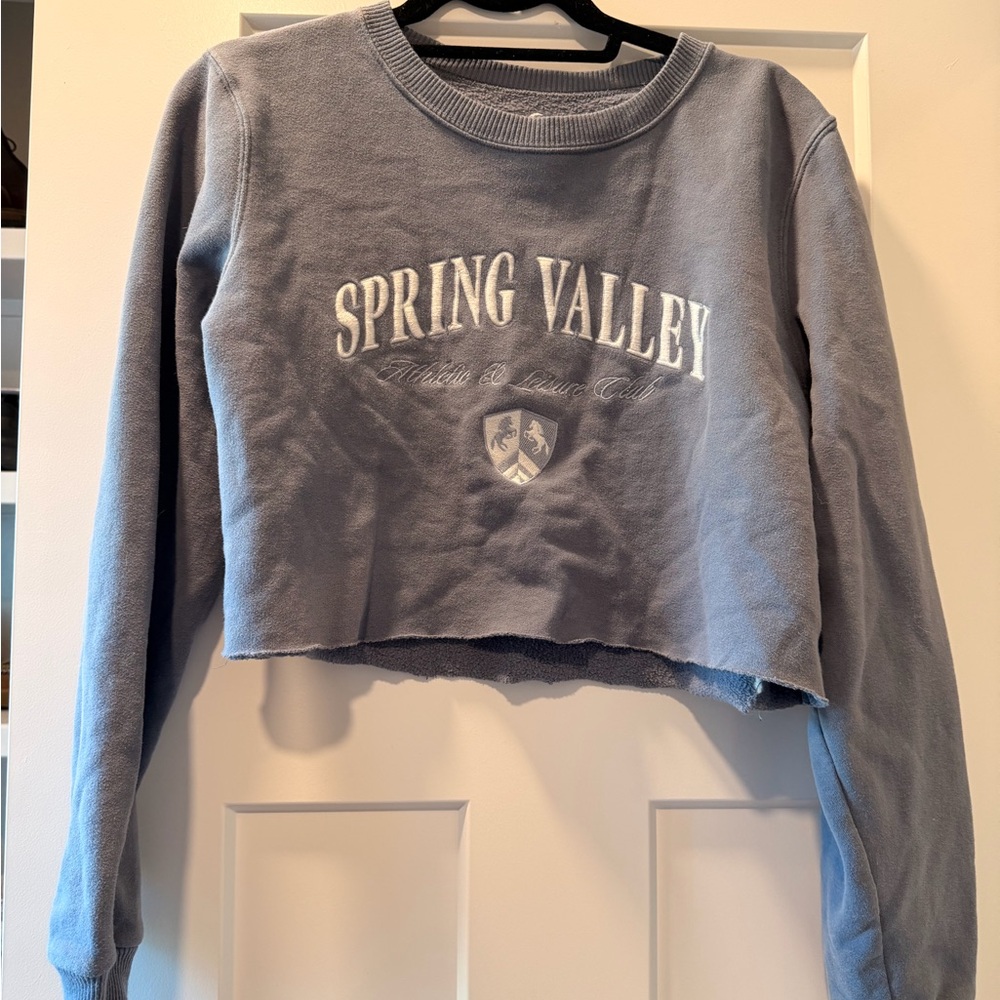 Hollister Cropped Sweatshirt Medium | Gray Graphic Pullover Cozy Crewneck
